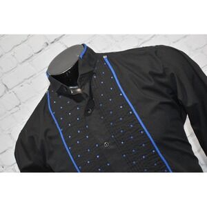 Ely Cattleman Tuxedo Western Dress Shirt Mens Medium Black Blue Rhinestone Snaps